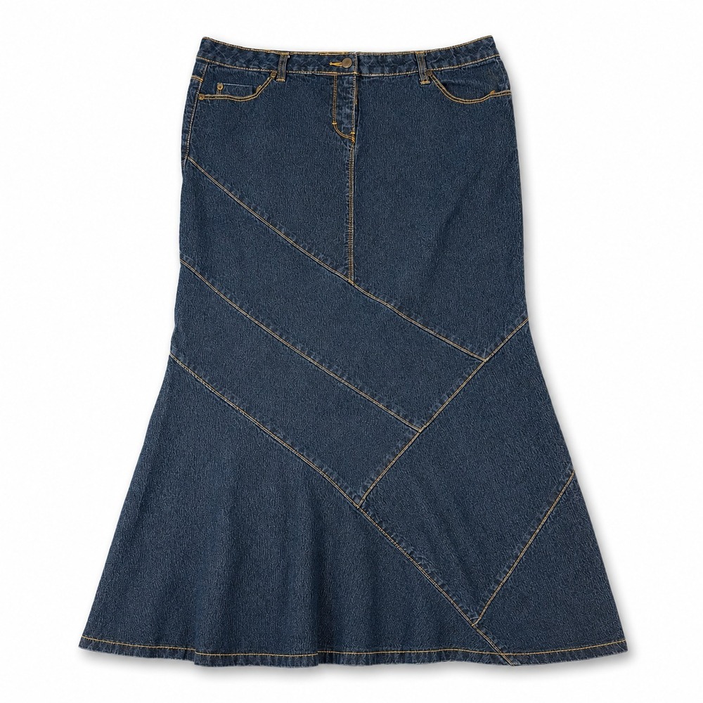Bisou Bisou‎ Mermaid Flare Denim Maxi Skirt Size 14 Petite Stretch Y2K Patchwork